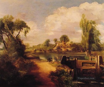 two boys singing Painting - Landscape Boys Fishing Romantic John Constable